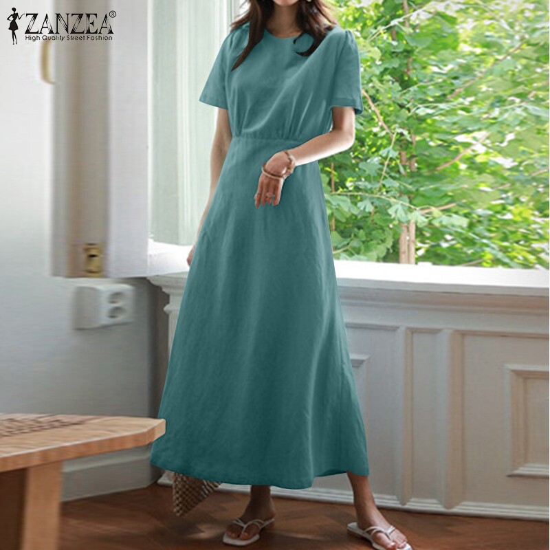 ZANZEA Korean Style Womens Short Sleeve A Line Pleated Long Dress Flare Swing Maxi Sundress