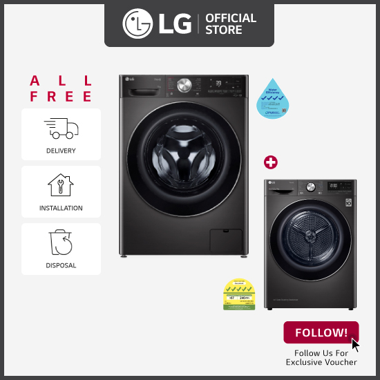 [Bulky] LG FV1411S2B 11KG, Front Load Washer, Black + LG TD-H90VBD 9KG Dual Inverter Heat Pump dryer (Black)