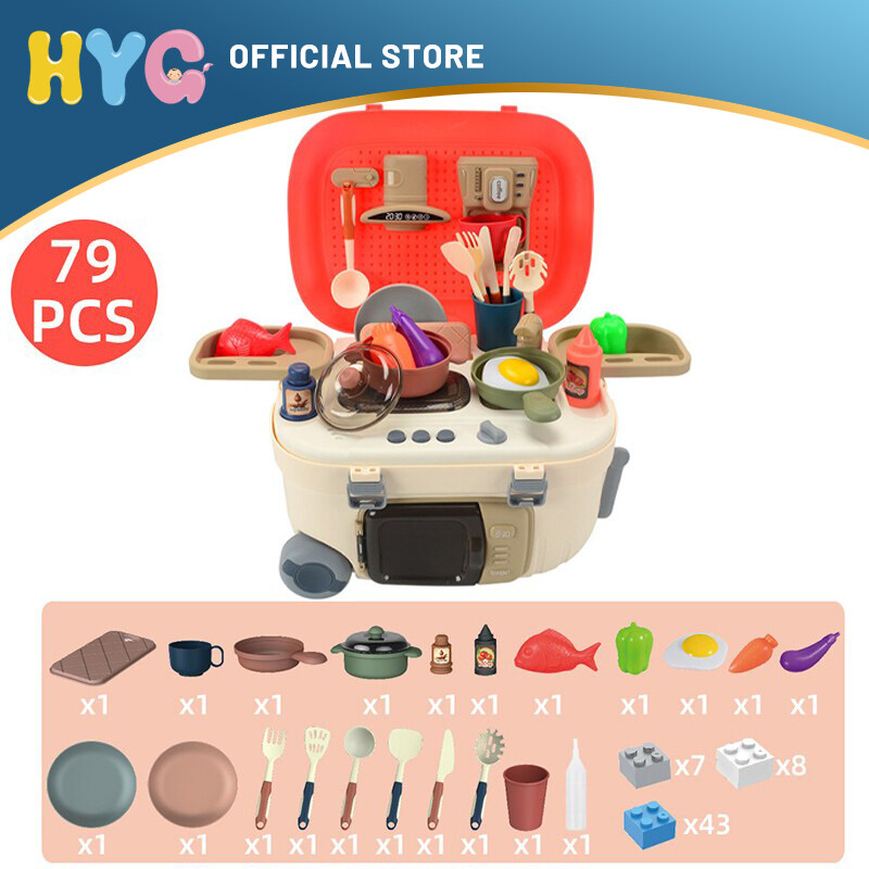 HYG Kitchen Toys Cooking Toys 79PCS Children's Kitchen Toys Baby Family Spray Kitchen Suitcase Storage Kitchen Toys Small Kitchen Toy Set Simulation Spray Toys Sink Running Water and Other Kitchen Acc